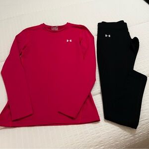 Fuchsia top and black pants (tight fitting) UNDER ARMOUR workout suit!